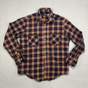 Vintage Episode Flannel Shirt Large Navy Tan Red Plaid 70s 80s Chore Work Cotton